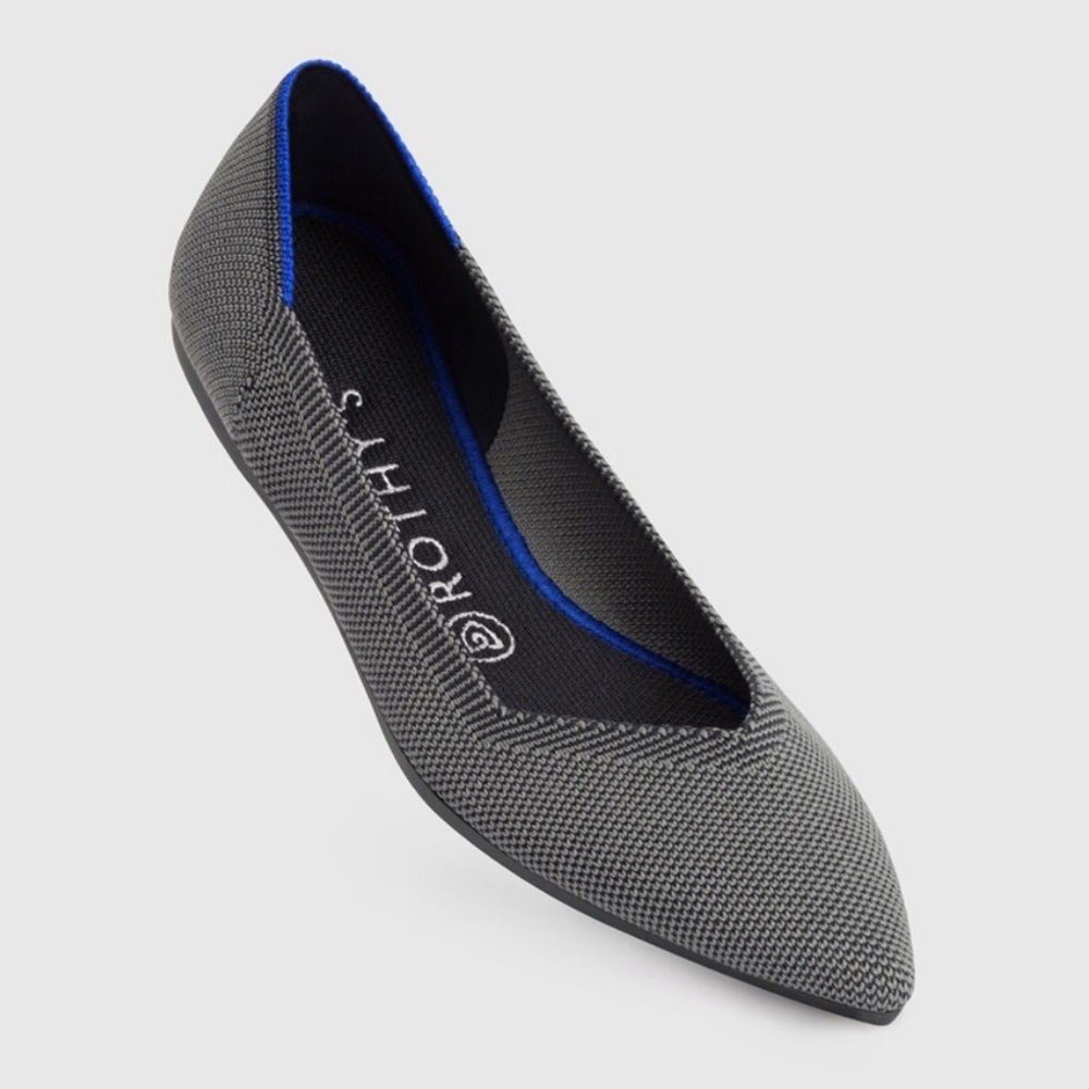 Rothy's Pointed Knit Ballet Flat in Gray with Blue Accent